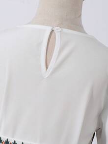 SHEIN Young Girl Geometric Print Pleated Casual Flare Sleeve Dress, Suitable For Outings And Gatherings - Apricot - View 3