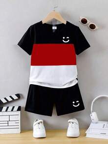 Fantacosmos Bộ 2 món áo thun ngắn tay và quần short in hình mặt người phối màu dành cho bé trai, trang phục thường ngày cho mùa hè. - Màu Đỏ Sâu - Xem 3