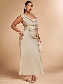 SHEIN BAE 加大垂坠领褶饰侧裙 - 卡其色 - 查看 5