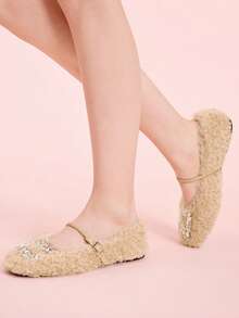 CUCCOO DOLLMOD Rhinestone Decor Plush Casual Comfortable Versatile Flat Shoes, Suitable For Daily Commute - Khaki - View 3