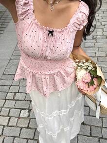 Sunnyshic Áo kiểu babydoll tay ngắn, thắt eo, in chấm bi dễ thương dành cho nữ, thích hợp cho mùa xuân/hè. - Hồng - Xem 4