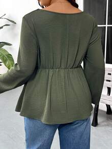 SHEIN Frenchy 大码女式方领立体花卉长袖收腰衬衫，绿色，适合各种场合。 - 綠色 - 查看 7