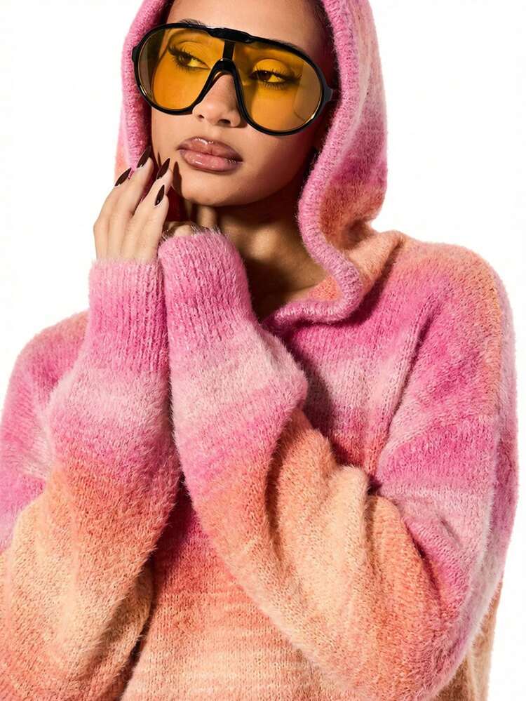 SUMWON Boxy Fit Oversized Fluffy Knit Ombre Striped Zip Through Hoodie Cardigan With Hood Cozy Winter Sweater For Fall