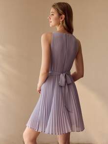 MOTF PREMIUM SOLID PLISSE METAL BELTED SLEEVELESS SHORT DRESS