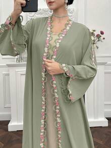 Yasmyna 女士优雅阿拉伯长袍，饰有贴花，长袖 - 橄欖綠 - 查看 5