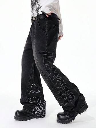 Jeans casual da uomo con stampa a ragnatela