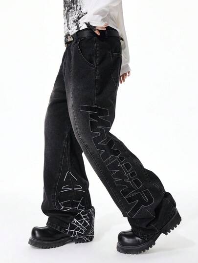 Jeans de mezclilla casual para hombres con estampado de telaraña