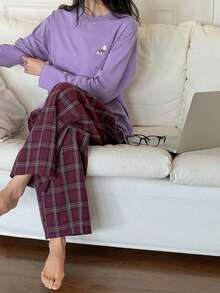 DAZY 女士小狗印花宽松T恤上衣和格子宽松睡裤家居服套装，秋冬款 - 紫色 - 查看 6