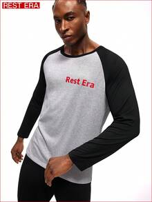 SHEIN 1pc Men's Raglan Sleeve Sweatshirt, Gray Body With Black Sleeves And Collar, Red "Rest Era" Print On Chest, Casual And Versatile Design, Suitable For Everyday Wear - Multicolor - View 1