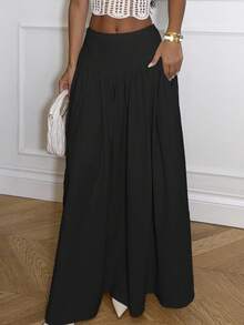 Ronhire 女士優雅A字裙，收腰設計實用口袋 - 黑色 - 查看 4