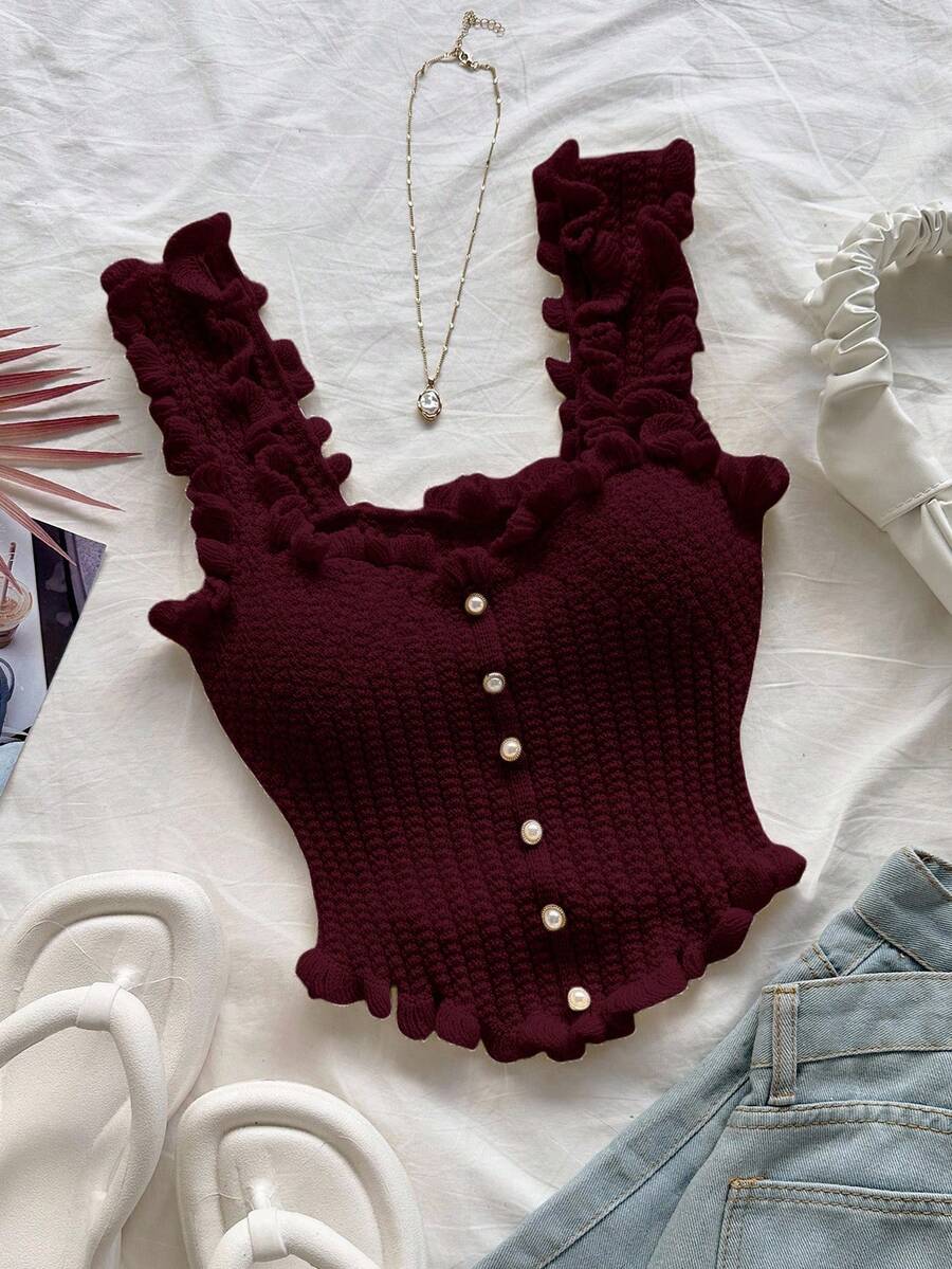 Soleia Plus Size Women Burgundy Knitted Camisole , Carnival. - Burgundy - View 1