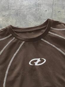 AXEPEAK 男士休闲百搭长袖T恤，撞色缝线设计 - 棕色 - 查看 3