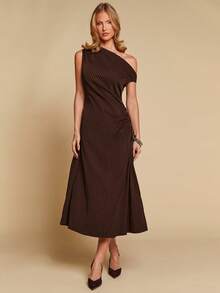 COSMINA Abito elegante da pendolare da donna con colletto asimmetrico, righe marroni, lunghezza media, senza maniche, spalla obliqua, abito da ufficio per l'autunno, abbigliamento elegante per feste diurne - Multicolore - Visualizzare 3