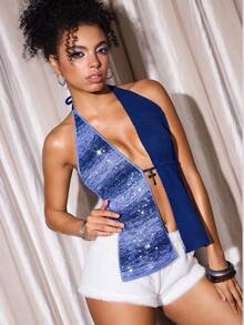Y2Kool BiGraphic Valentine's Day Women's Knit Sequin Halter Top Sexy Open-Back Spaghetti Strap Design Perfect For Parties, Halloween, And Autumn Streetwear Blue Halter Top Women's Avant-Garde Apparel Women's Tank Top Gothic Summer Clothing Y2K Style Apparel - Blue - View 5