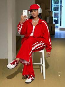 Slaydiva 秋冬新品 / 女士秋季服装 / 万圣节 / 秋季 / 冬季女士新款休闲运动长袖开衫短裤红白两件套 - Z - 紅白色 - 查看 7