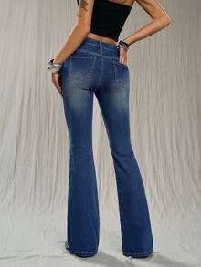 TRNVIE 时尚休闲复古日常通勤低腰喇叭牛仔裤 - 中等水洗藍 - 查看 2