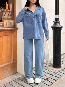 Rivivi 女士时尚立领开襟休闲水洗牛仔衬衫 - 中等水洗藍 - 查看 6