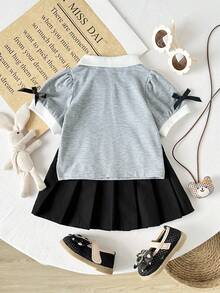 Playful Pals 女婴休闲 Polo 领纽扣前襟印花松紧腰褶裥下摆短袖两件套，夏季 - 灰色 - 查看 2