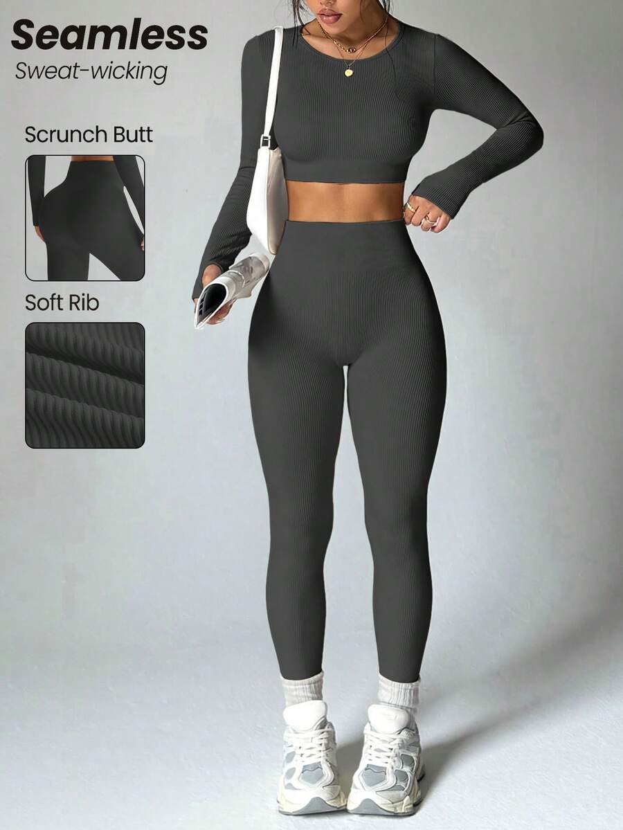 Dewbera Conjunto deportivo de mujer con costillas sin costuras y elástico - Gris Oscuro - Ver 1