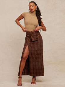 NYA SZN 高腰开衩裹身口袋飘逸棕色格子半身裙，适合节日、冬春、圣诞节、新年夜、光明节、商务休闲、街头风等场合，女士长款连衣裙