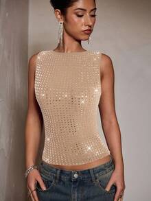SHEIN BAE Áo tank top nữ không tay ôm sát, màu đỏ rượu vang đậm, đính đá pha lê, thanh lịch, thích hợp cho các bữa tiệc, hộp đêm, tiệc cocktail, tiệc chiêu đãi, đi chơi đêm, dạ hội, hẹn hò, hoặc mặc nhiều lớp vào mùa thu/đông. - Màu Khaki - Xem 5