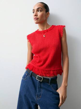 Maija Orange Sleeveless Fringe Loose Comfortable Urban Knit Top For Women, Autumn/Winter