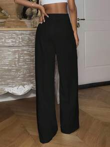 Ronhire 女士純色直筒高腰日常褲 - 黑色 - 查看 4