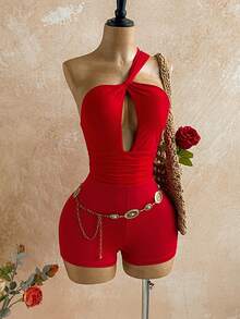 Soleia New Sexy Red Hollow-Out Backless One-Shoulder Jumpsuit, Suitable For Vacation, Music Festival, Bohemian, Holiday, Afternoon Tea, Crochet, Linen, Red Bodysuit ,Spring Outfit Women ,Valentines Day Outfit ,Valentine Bodysuit , - Red - View 6