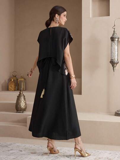 Al Najma Vestido maxi con bordado de lentejuelas y abaya tradicional árabe para mujer