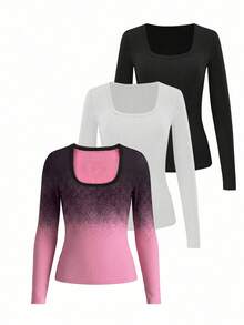 SHEIN LUNE Women's Ombre Scoop Neck Long Sleeve Fitted Fashion T-Shirt - Multicolor - View 3