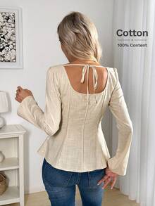 Easowa 圆领露背蝴蝶结腰身A字荷叶边下摆长袖休闲宽松优雅OL风女式衬衫，秋冬款 - 杏色 - 查看 7