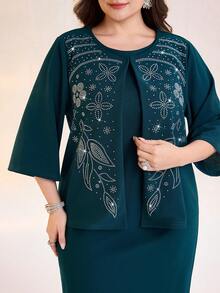 Modelyn 大码女士优雅花卉水钻装饰喇叭袖外套和修身无袖连衣裙套装，适合派对、办公室、机场、通勤、家庭聚会、宴会、商务场合穿着 - 藍色 - 查看 1