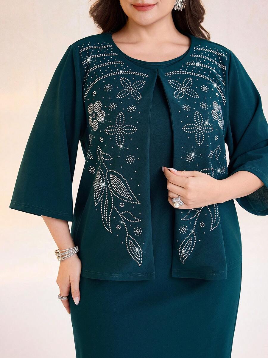 Modelyn 大码女士优雅花卉水钻装饰喇叭袖外套和修身无袖连衣裙套装，适合派对、办公室、机场、通勤、家庭聚会、宴会、商务场合穿着 - 藍色 - 查看 1