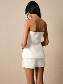 Poéselle Women's Solid Color Metal Decor Bandeau Top And Mini Skirt 2 Pieces Set - White - View 3