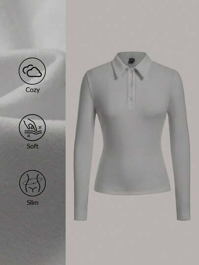 SHEIN BASICS Casual Solid Color Knit Half-Zip Collar Long Sleeve Fitted Women T-Shirt Long Sleeve Women Grey Tops Long Sleeve Polo Shirt Polo Shirts For Women Women's Polo Shirts