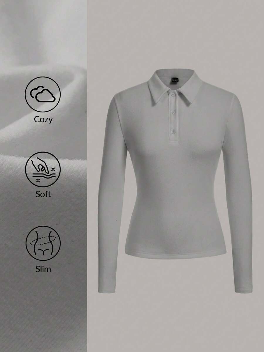 SHEIN BASICS 休闲纯色针织半拉链领长袖修身女式T恤 长袖女式灰色上衣 长袖Polo衫 女式Polo衫 女士Polo衫 - 灰色 - 查看 1