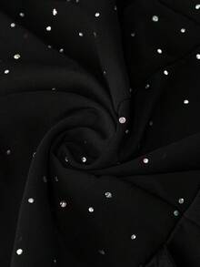 Cravure 女士加大码短袖泡泡袖V领蕾丝装饰闪亮网纱混纺雪纺腰带系带背带裤，适合情人节、派对、母亲节、圣诞节、春秋季穿着。 - 黑色 - 查看 3