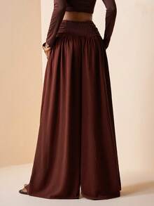 Zivah 2026 Spring/Summer New Music Festival, Easter, St. Patrick's Day, Valentine's Day, Date, Western, Nomadic, Birthday Party, Graduation, College, Student, Daily Casual, All-Match, Leisure, Vacation, Cruise, Beach, Sunbathing, Viral Hit, Streetwear, Wedding Guest, Boho, Commute, Brunch, Airport, Party, Holiday Outing, Office Wear Women's Pleated Pocket Wide Leg Pants, Linen Texture Fabric, Brown - Brown - View 3