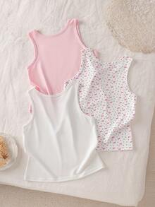 SHEIN 3件套女童可爱兔子爱心印花柔软舒适五件套内衣套装，粉色