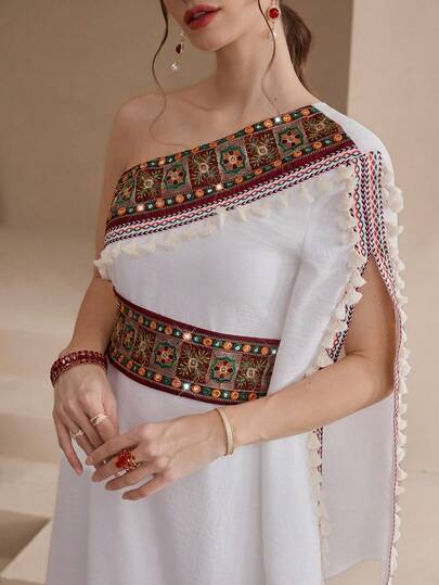 Al Najma Women's Elegant Embroidered Ribbon Decor Arabic Style Dress