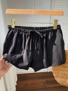 Comfortcana Quần short nữ dáng rộng, màu trơn, có dây rút, kiểu dáng thường ngày, chất liệu vải lanh đen, đa năng. - màu đen - Xem 3