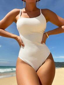 Swim Chiccia 1 件纯色细肩带连体泳衣，适合度假和海滩 - 白色 - 查看 3