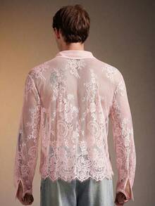 FeverCity Men's Fashionable Sexy Sheer Lace Mesh Shirt - Pink - View 7