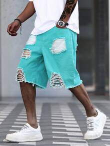 Manfinity Roughcore Celana Pendek Denim Pria Kasual dengan Efek Lusuh dan Pudar, Celana Pendek Biru Tosca Sobek dan Berumbai, Pakaian Jalanan Musim Panas, Celana Pendek Biru Tosca untuk Pria - Hijau - View 7