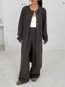 Solflare 大码女式宽松纯色羊绒针织开衫，休闲简约长款毛衣外套，适合秋冬季穿着 - 咖啡棕 - 查看 3