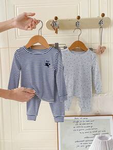 4pcs/Set Infant/Toddler Boys' Striped & Polka Dot Print Snug Fit Long Sleeve Top And Long Pants Casual Outfit Baby Boys 2pcs Pajama Baby Set Baby Boy Top Bottom Sets Baby Outfits From The Hospital Baby Pj Set Baby Boys Pajamas-2 Piece Pajama Set Striped Navy And Light Gray Star Print Round Neck Long Sleeve Top Matching Long Pants  Stretchy Comfortable Sleepwear Four Season Holiday 2026 Essential Cute Minimalist Nursery Gift - Multicolor - View 4