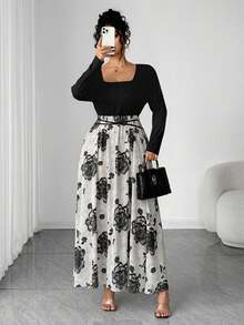 SHEIN Elenzya Plus Size 3D Floral Fabric Crew Neck Long Sleeve Dress - Black - View 6