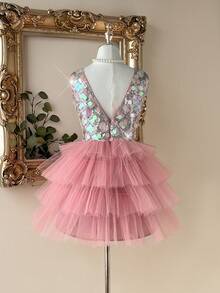 Lovelzi Elegant Multi-Color Lotus Root Pink Deep V-Neck Mesh Sheer Luxurious Gradient Multi-Color Sequin Embroidered High Waist Slimming Multi-Layered Tulle Puff A-Line Skirt Suitable For Dates, Vacations, Singles Parties, Weddings, Back To School, Birthdays, Afternoon Tea, Ladies' Formal Gowns - Dusty Pink - View 2