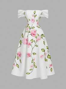 SHEIN MOD 女士优雅露肩印花连衣裙 - 白色 - 查看 3