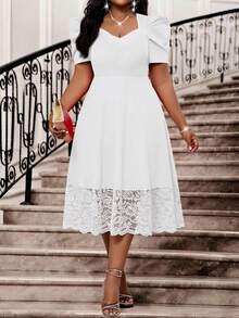 SHEIN Lady Vestido elegante de fiesta de talla grande con parches de encaje de unicolor - Blanco - Ver 2